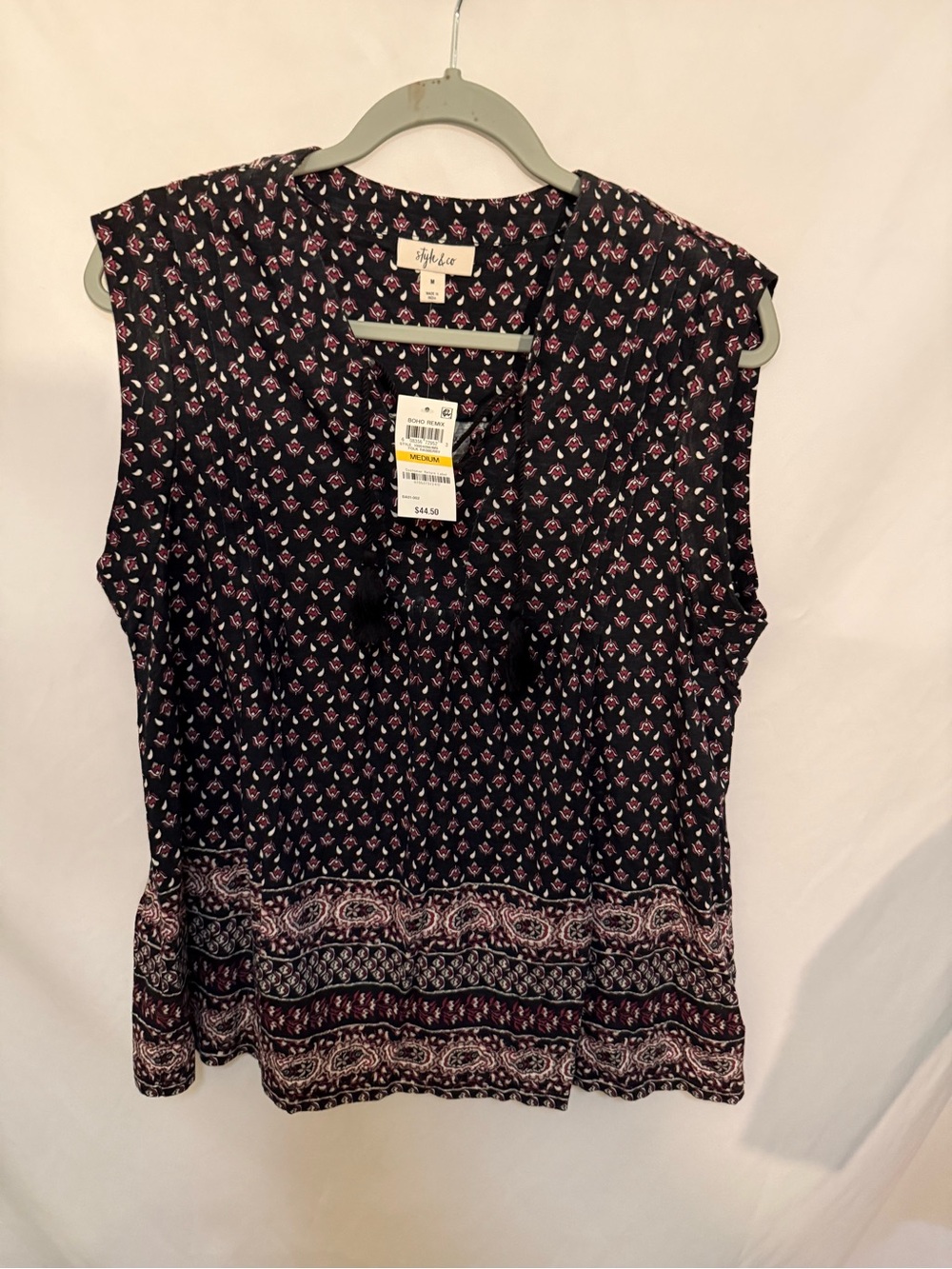 Style & Co. Black Paisley Border Sleeveless V-Neck Tank with Tassel Ties